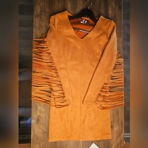 Chic Orange Long Sleeve Dress with Fringe